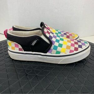 Vans Kids Youth Size 1 Sneakers Slip On Loafers Shoes Pink Rainbow Checkered